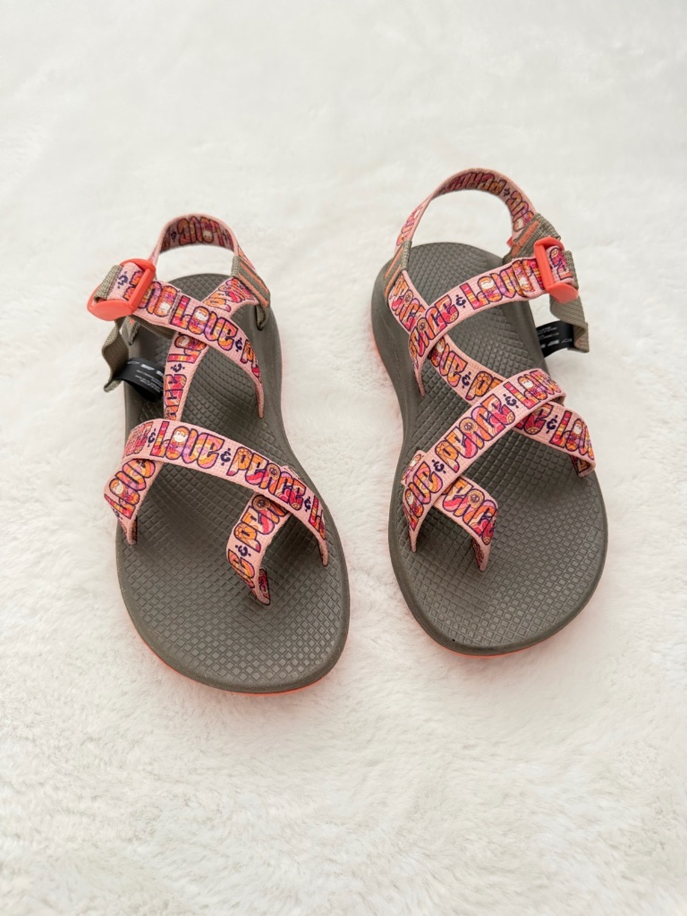 Chaco Women's Strappy Sandals in Gray with Pink/Orange Patterned Straps - Picture 1 of 9